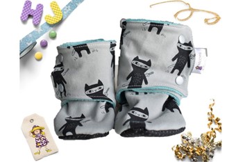 Fleece Stay on Booties in Ninja Cats with different sized lengths